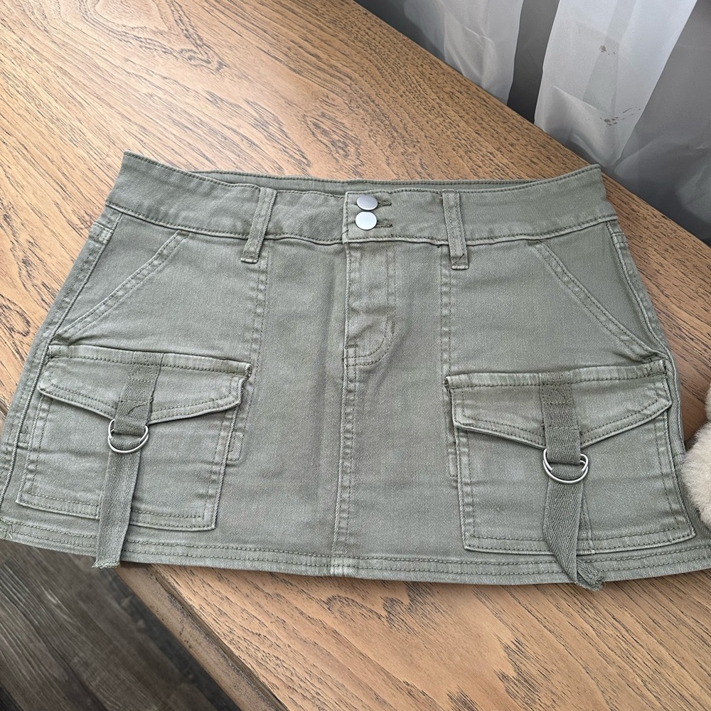Olive Green Mini Skirt with Pockets
